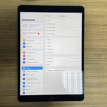 Tablet Apple iPad Pro 1/ 10.5"/ 64GB/ WiFi/ 2017/ Space Gray/ 2224x1668/ 120 Hz/ Klasa A-